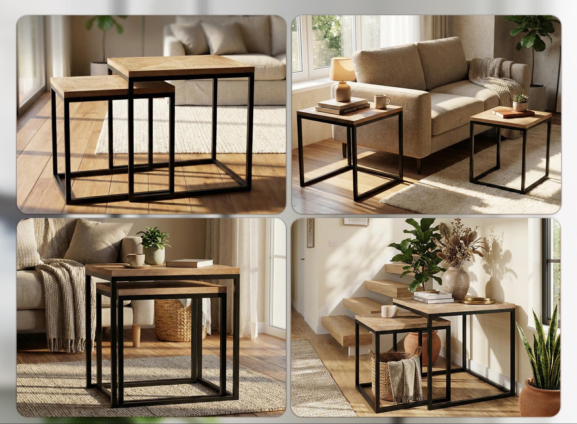 2 bijzettafels matching set inschuifbaar van Mindi hout en metaal - naturel of bruin