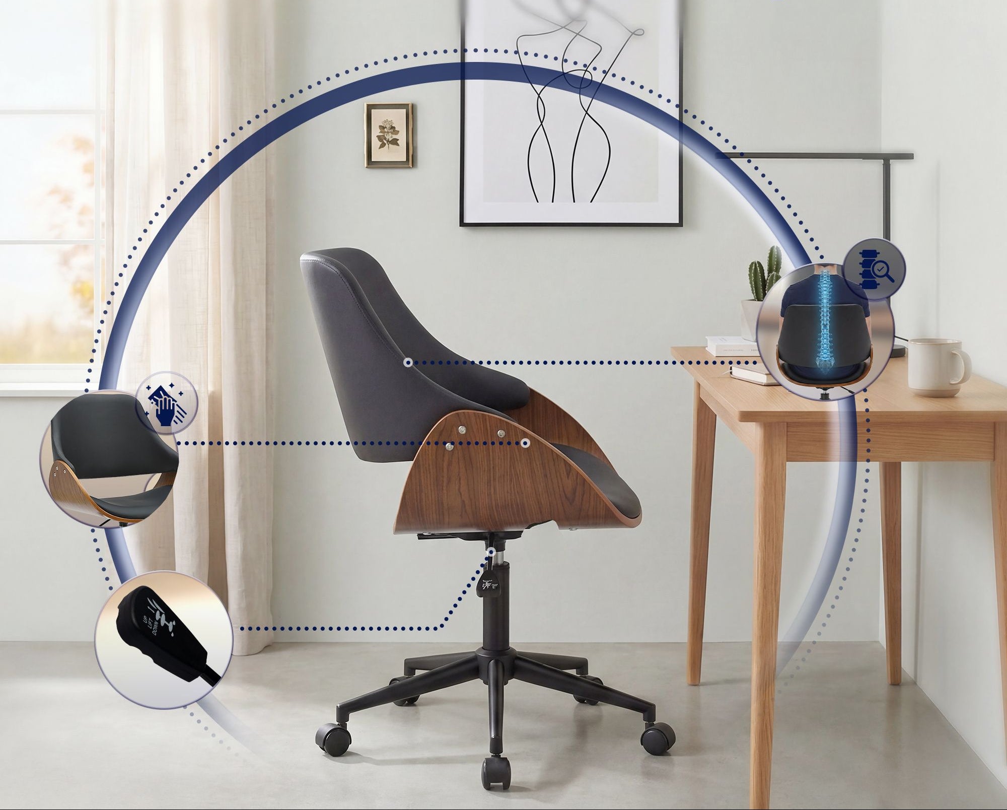 Ergonomische design bureaustoel van hout en duurzaam kunstleer - zwart en bruin