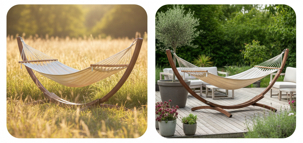 Design hammock hangmat van Eucalyptus hout en stof - grijs of crème