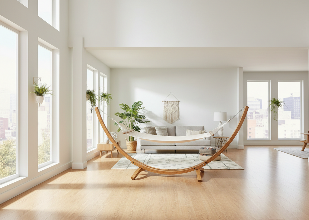 Design hammock hangmat van Eucalyptus hout en stof - crème of grijs