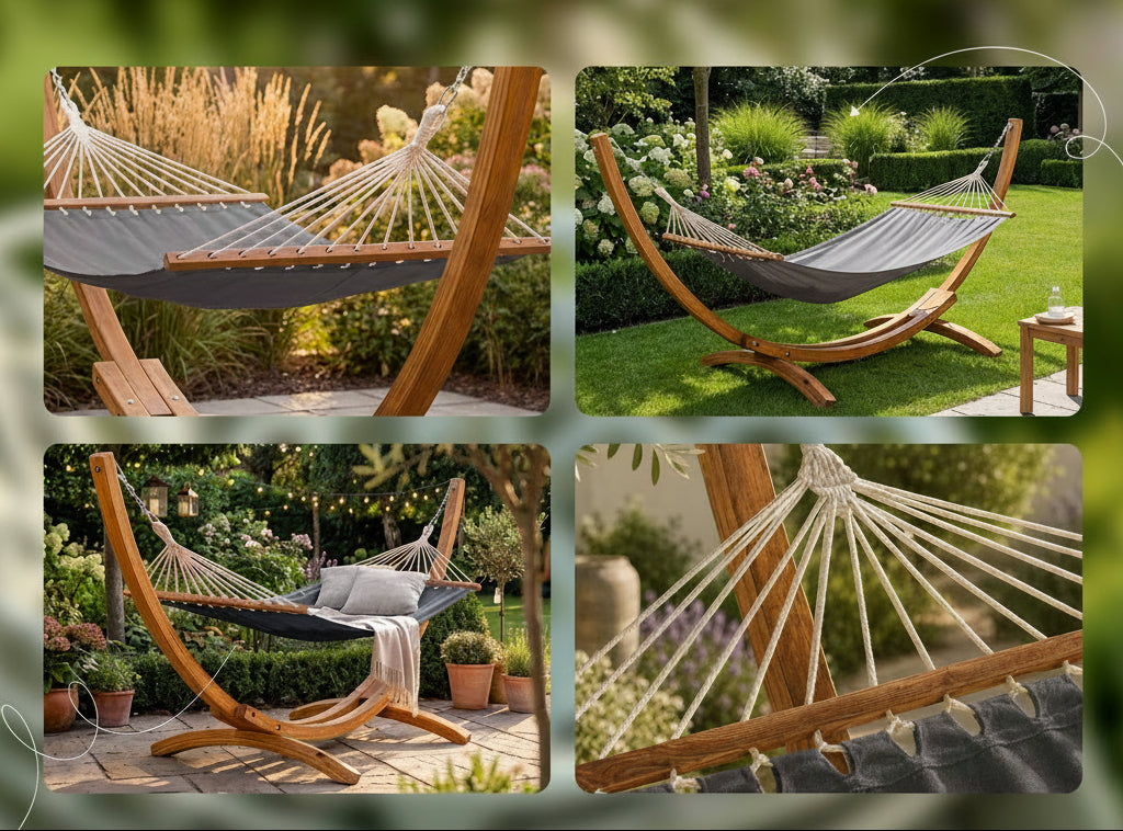 Design hammock hangmat van Eucalyptus hout en stof - crème of grijs