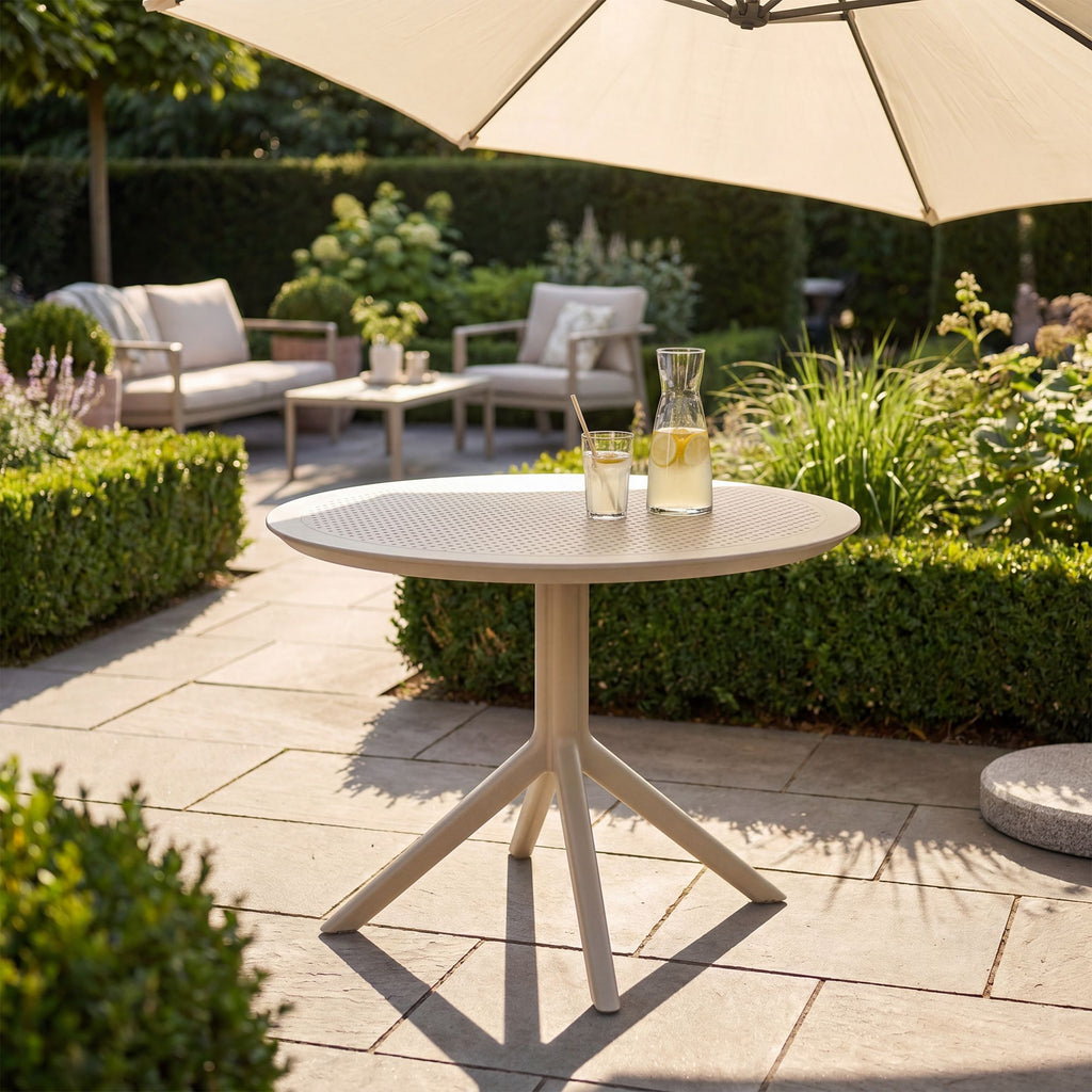 Moderne ronde tuin tafel voor buiten van duurzaam kunststof 105 cm - meerdere kleuren