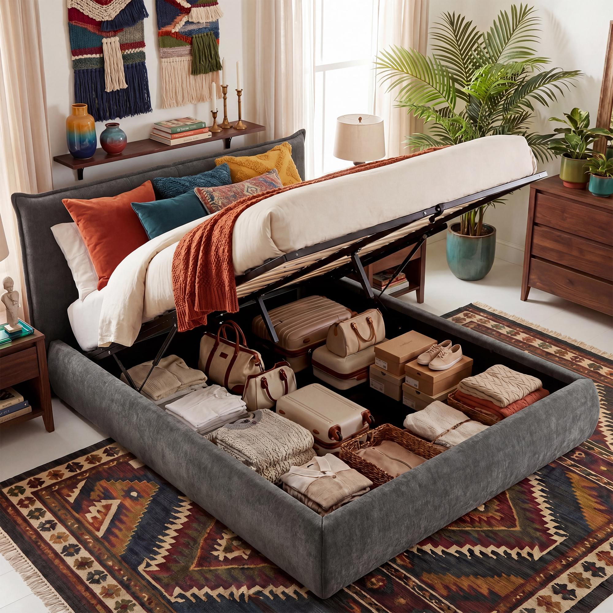 Moderne bedframe gestoffeeerd met mechanische voor opbergruimte 160x200 cm - crème of grijs