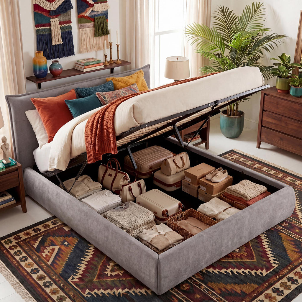 Moderne bedframe gestoffeeerd met mechanische voor opbergruimte 160x200 cm - crème of grijs