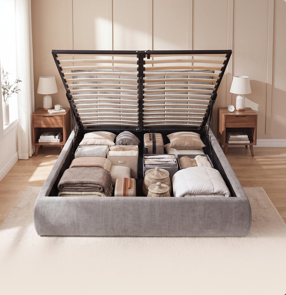Moderne bedframe gestoffeeerd met mechanische voor opbergruimte 160x200 cm - crème of grijs