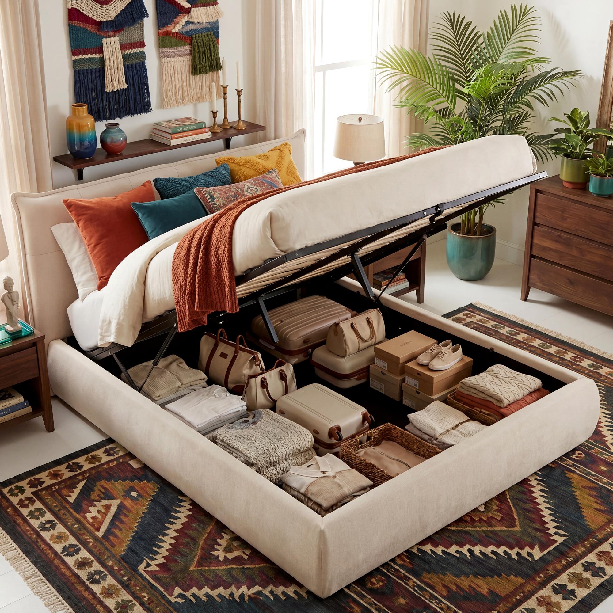 Moderne bedframe gestoffeeerd met mechanische voor opbergruimte 160x200 cm - crème of grijs