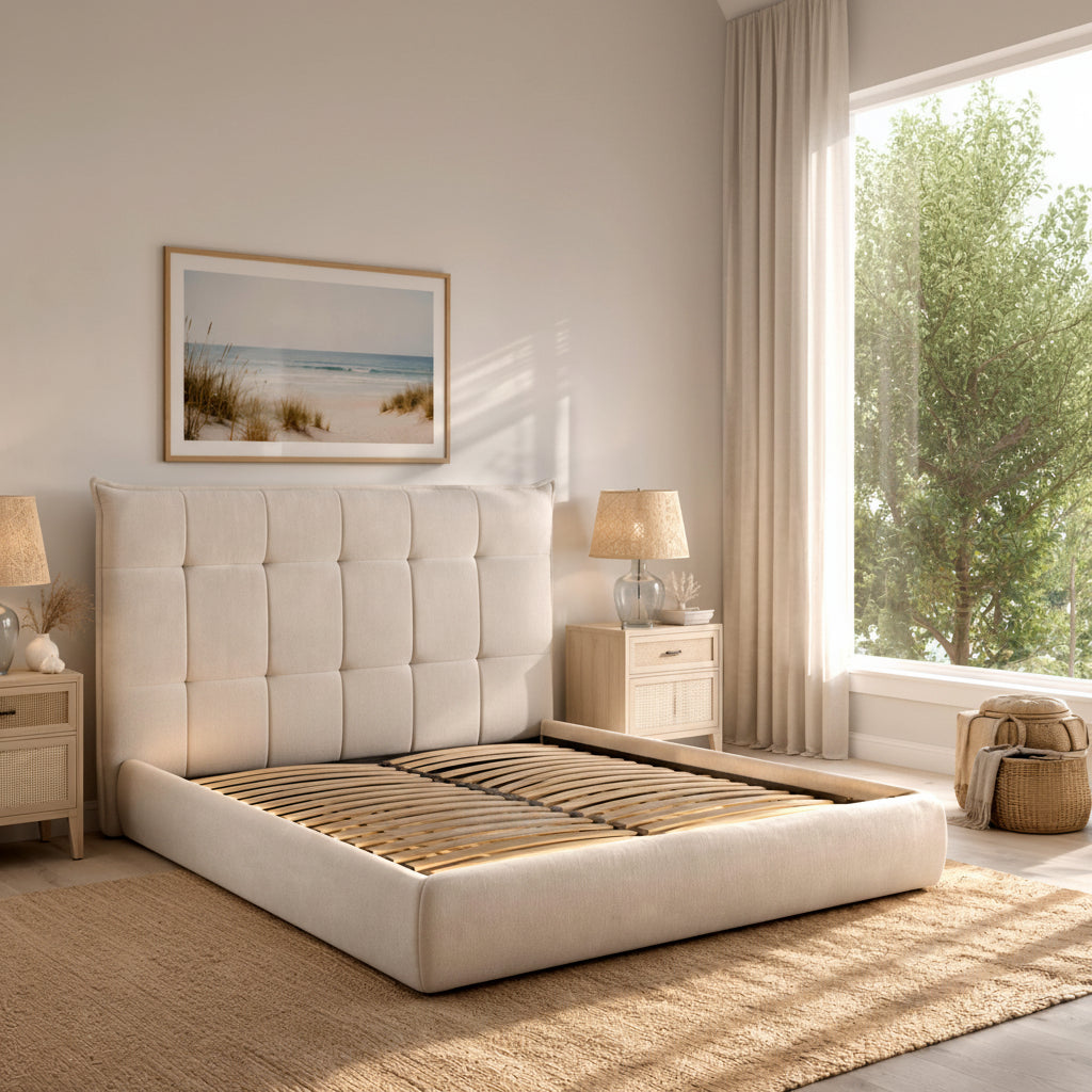 Moderne bedframe gestoffeeerd met mechanische voor opbergruimte 160x200 cm - crème of grijs