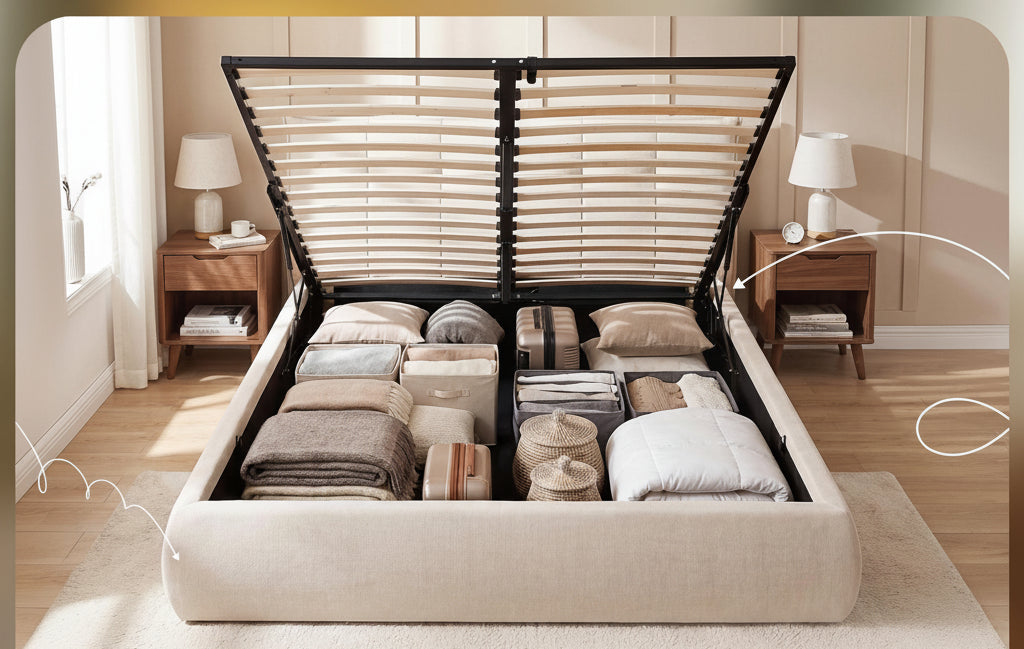Moderne bedframe gestoffeeerd met mechanische voor opbergruimte 160x200 cm - crème of grijs