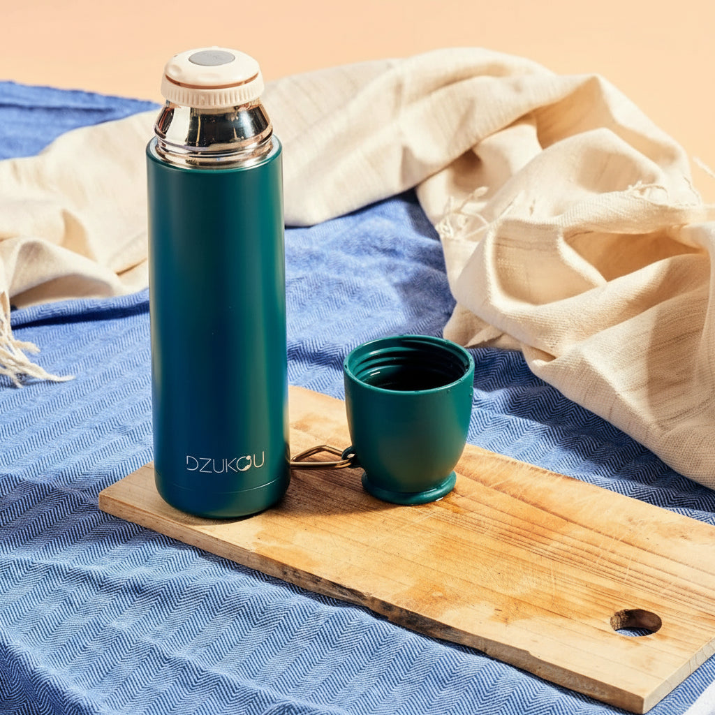 Thermos fles roestvrij staal met drukknop 350 ml - donker groen of zwart