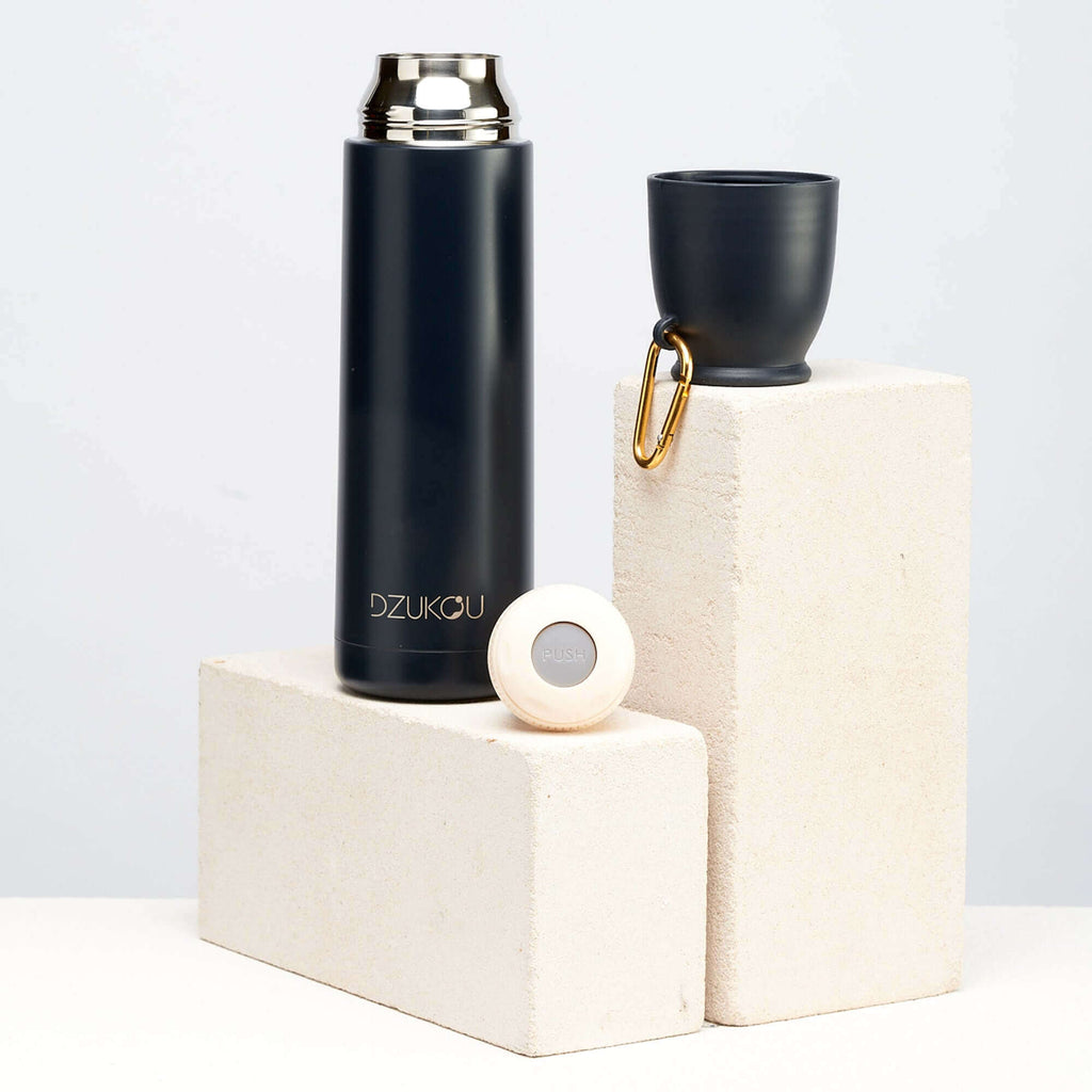 Thermos fles roestvrij staal met drukknop 350 ml - donker groen of zwart