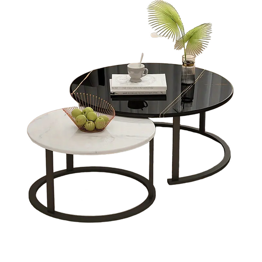 Elegance in Contrast: Set of 2 Round Nesting Marble Coffee Tables in Style9: Black and White-0