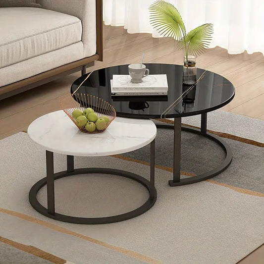 Elegance in Contrast: Set of 2 Round Nesting Marble Coffee Tables in Style9: Black and White-1