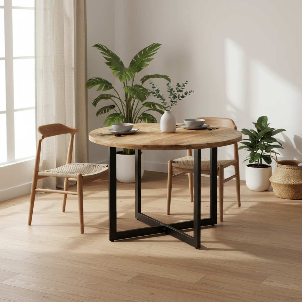 Design ronde eettafel van massief mango hout en metaal 110 cm - bruin en zwart
