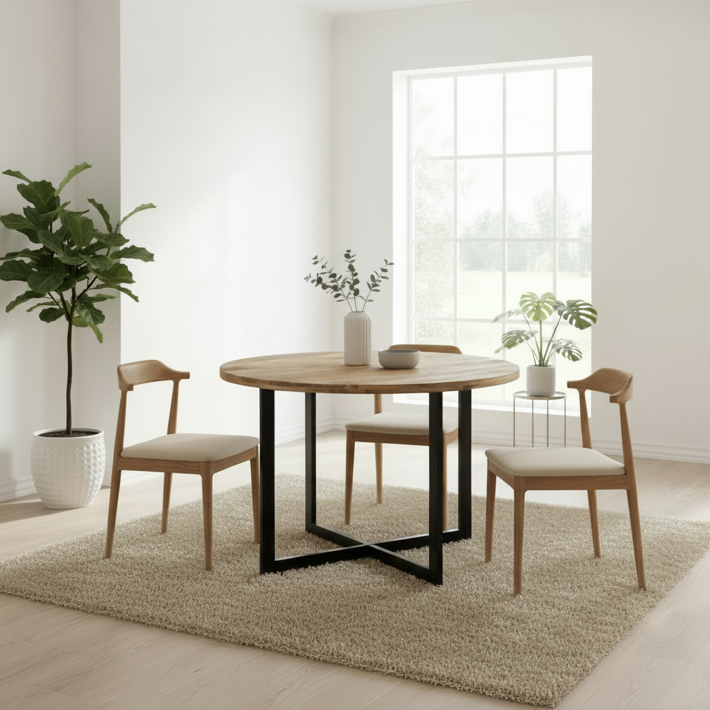 Design ronde eettafel van massief mango hout en metaal 110 cm - bruin en zwart