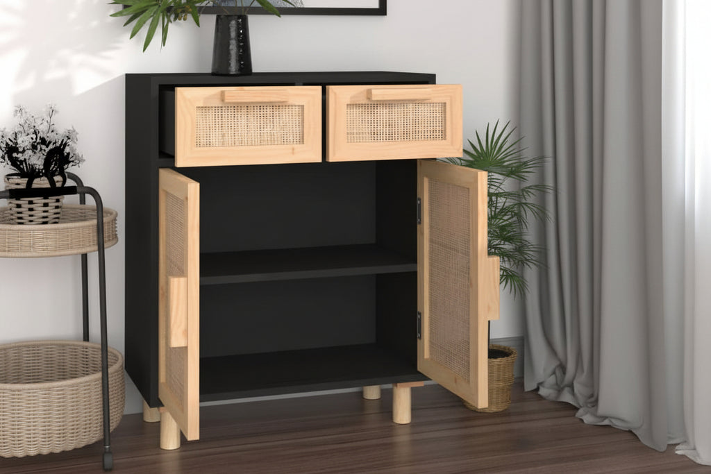 Dressoir 60X30X75 Cm Massief Grenen Hout En Rattan