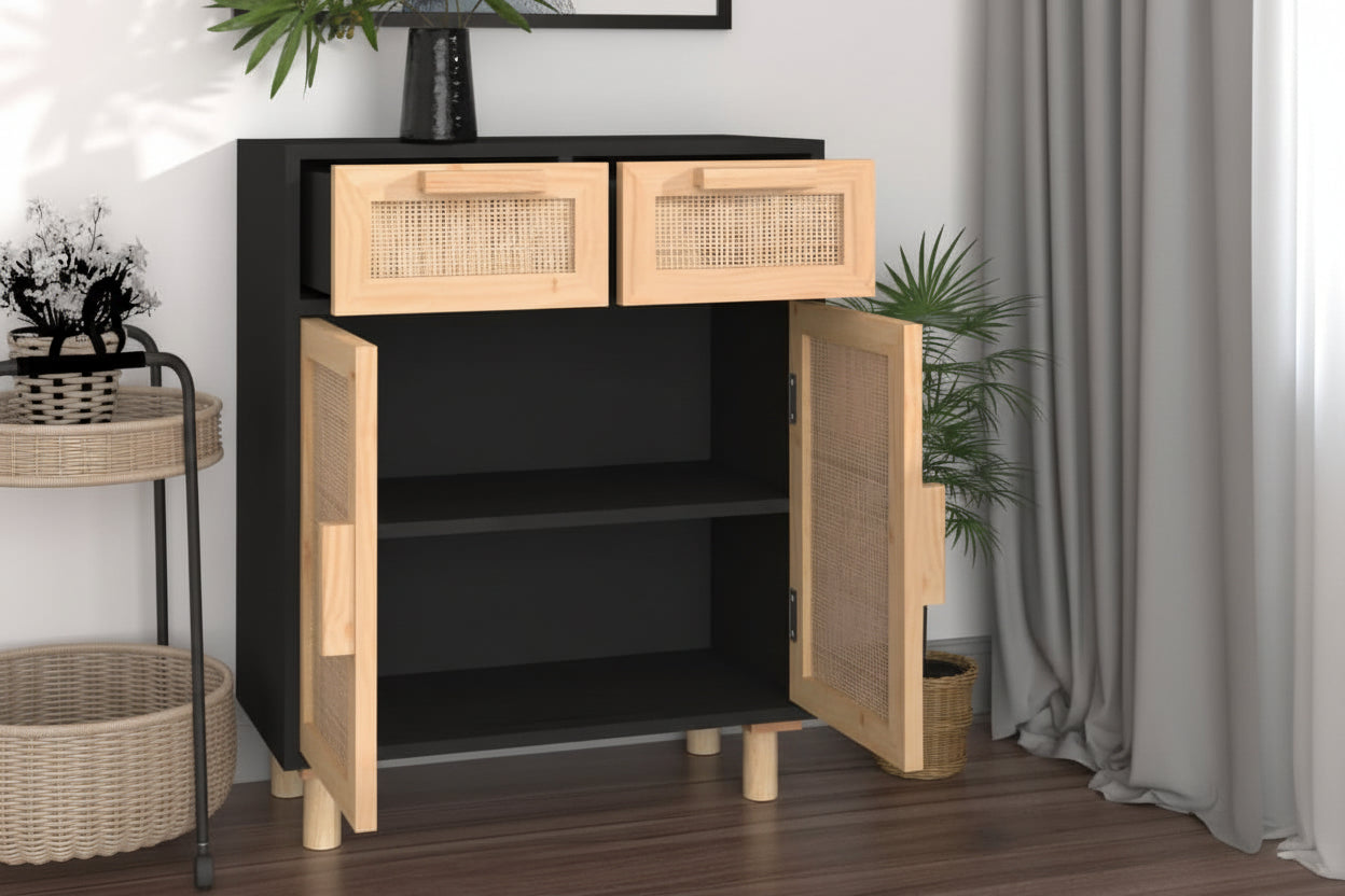 Dressoir 60X30X75 Cm Massief Grenen Hout En Rattan