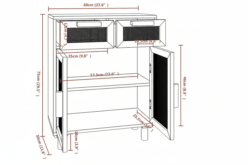 Dressoir 60X30X75 Cm Massief Grenen Hout En Rattan