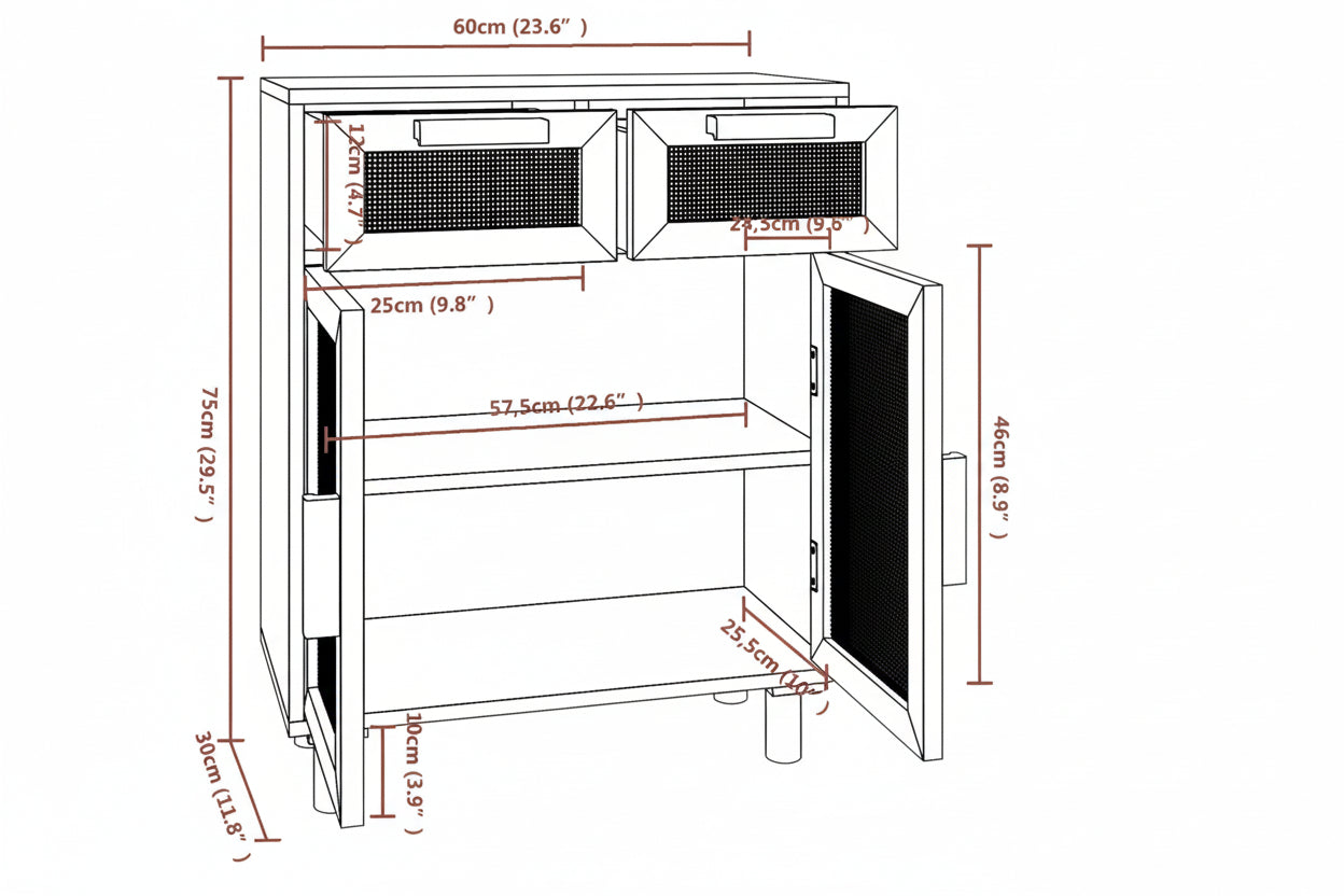 Dressoir 60X30X75 Cm Massief Grenen Hout En Rattan