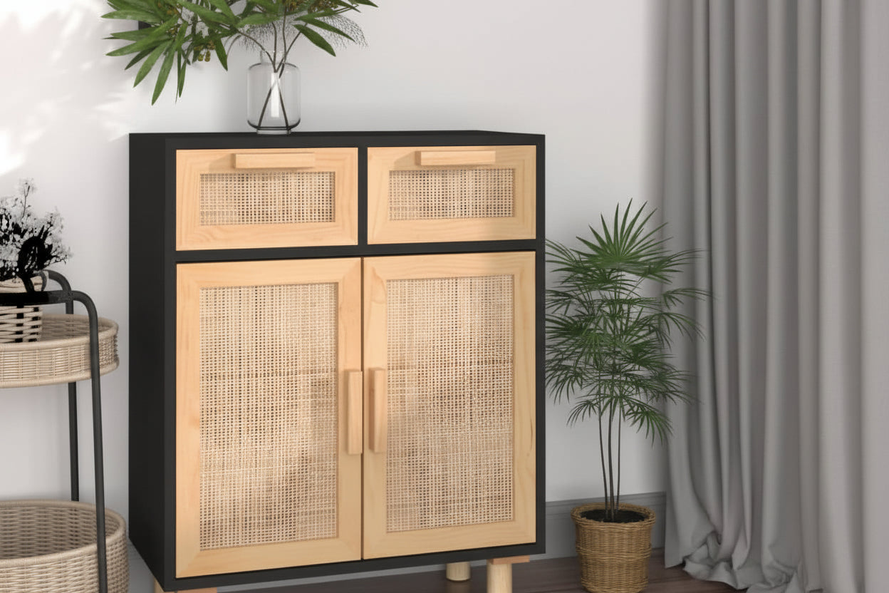 Dressoir 60X30X75 Cm Massief Grenen Hout En Rattan