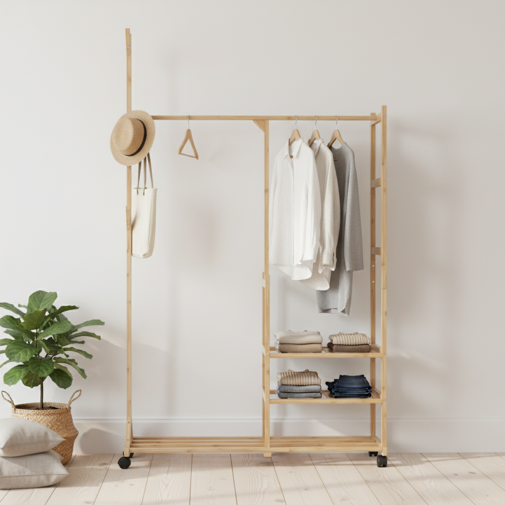 Design kledingrek met opbergruimte en wielen - bamboe