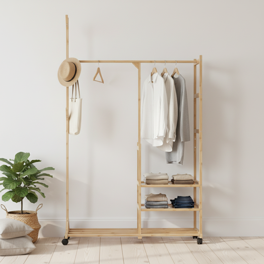 Design kledingrek met opbergruimte en wielen - bamboe