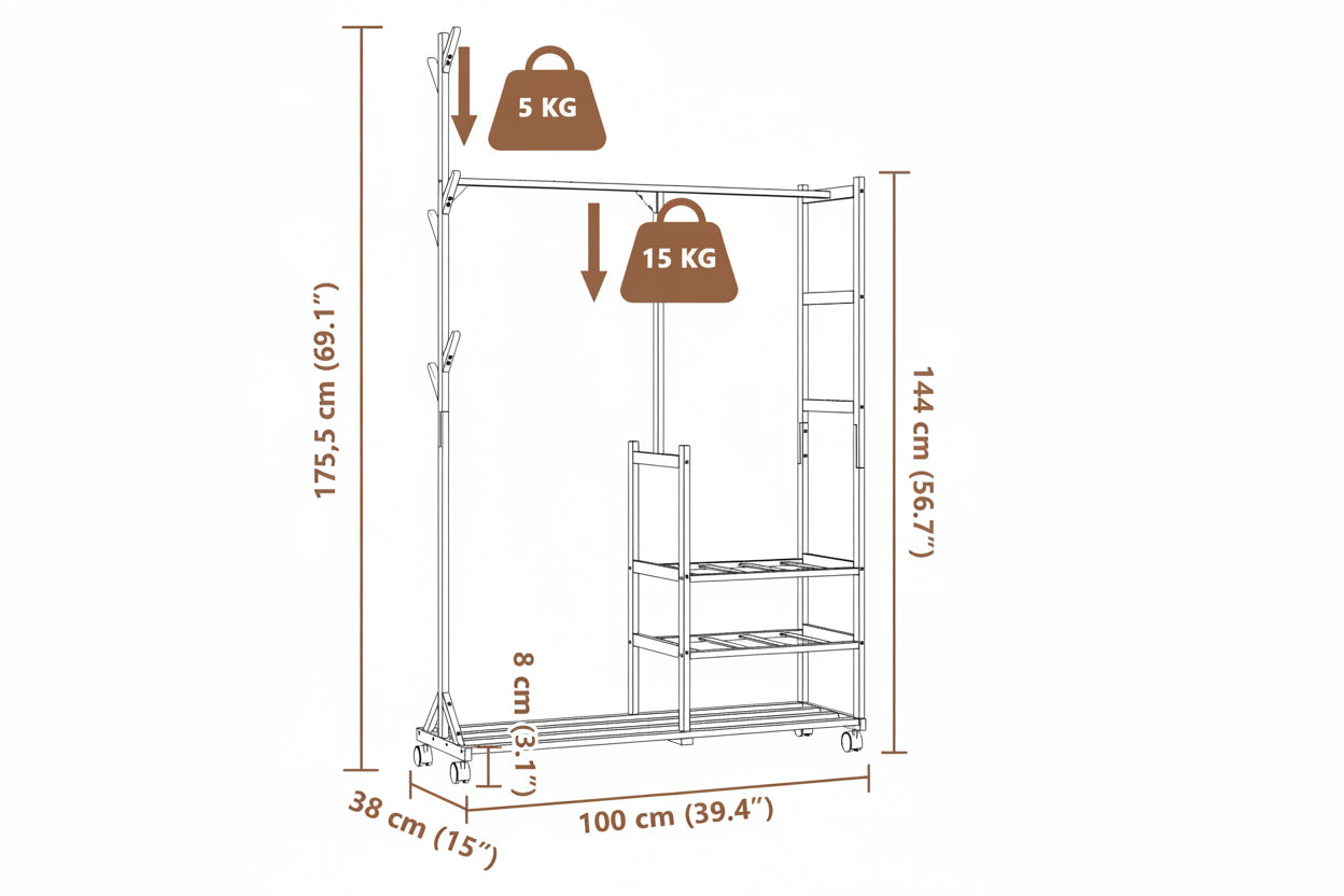 Kledingrek Met Schappen En Wielen 100X38X175,5 Cm Bamboe