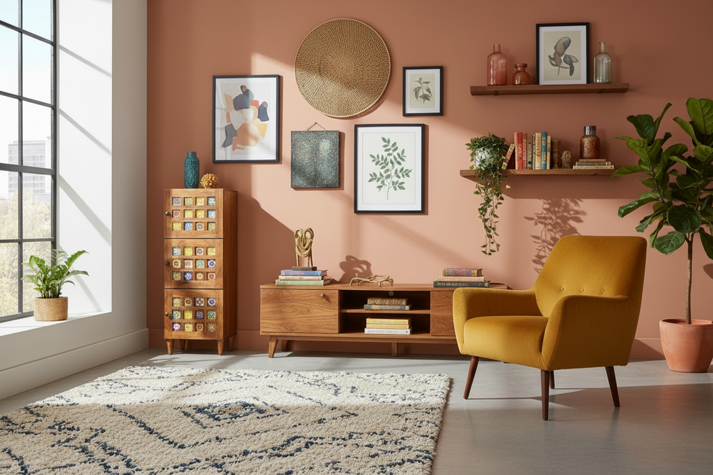 Vintage handgemaakte hoge kast van massief mango hout - bruin met kleur patronen