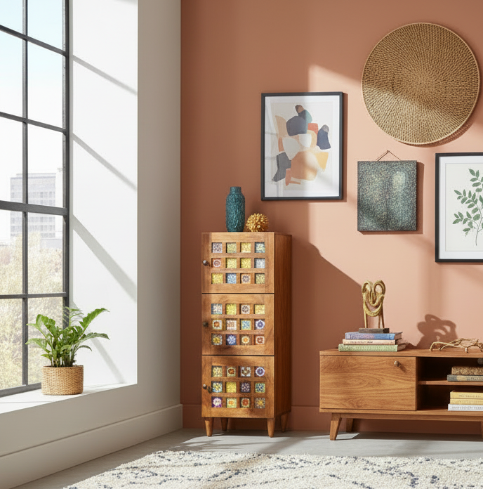 Vintage handgemaakte hoge kast van massief mango hout - bruin met kleur patronen