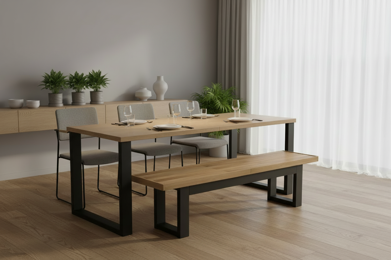 Eetkamer bank met U-vormige poten van massief grenen hout 180 cm - bruin en zwart