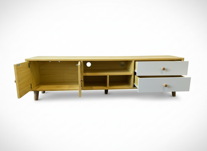 TV kast cabinet van hout met 4 deuren en lades - geel en wit