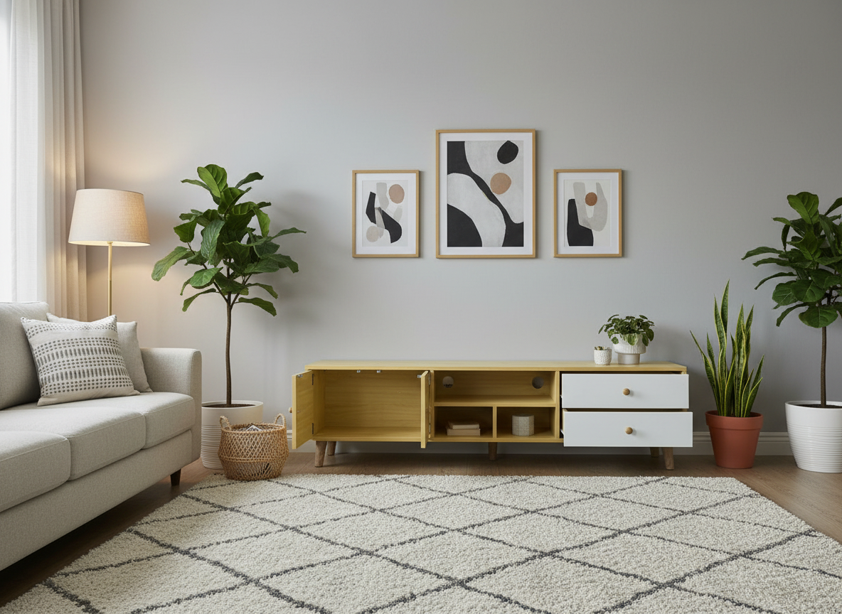 TV kast cabinet van hout met 4 deuren en lades - geel en wit