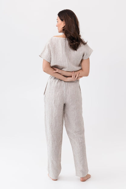 100% linnen pyjama lounge dames - gestreept licht beige