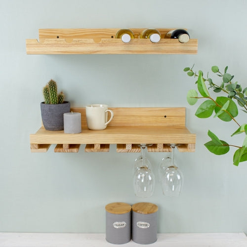 Multifunctionele keuken wandrek 2-delige set voor glazen en wijn - massief grenen hout