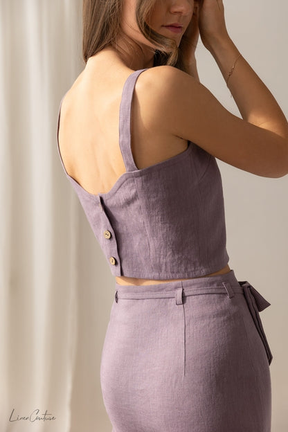 100% linnen Bella Vita set croptop en midi rok - pastel plum