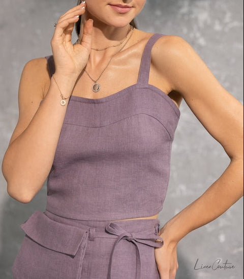 100% linnen Bella Vita set croptop en midi rok - pastel plum