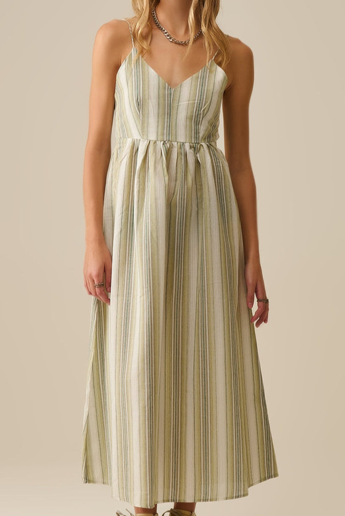 Gestreepte maxi jurk met spaghetti bandjes katoen - licht groen en blauw
