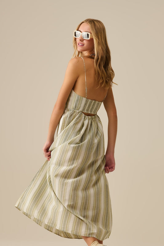 Gestreepte maxi jurk met spaghetti bandjes katoen - licht groen en blauw