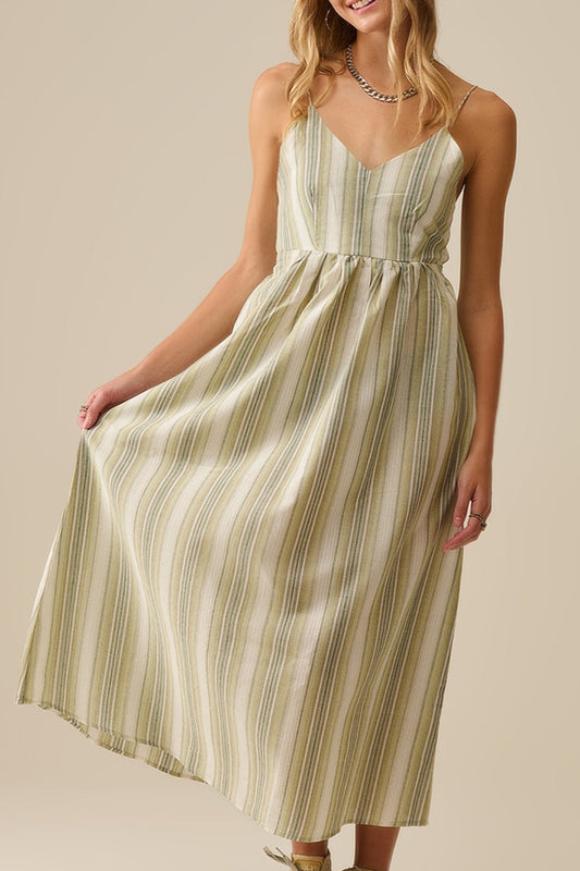 Gestreepte maxi jurk met spaghetti bandjes katoen - licht groen en blauw