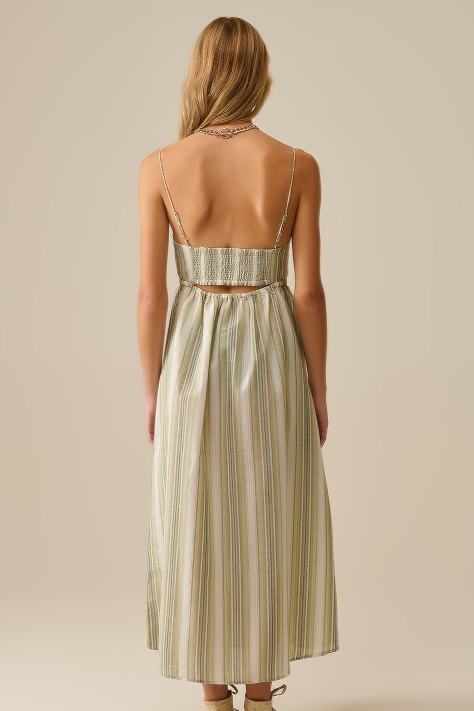 Gestreepte maxi jurk met spaghetti bandjes katoen - licht groen en blauw
