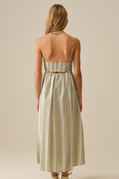 Gestreepte maxi jurk met spaghetti bandjes katoen - licht groen en blauw