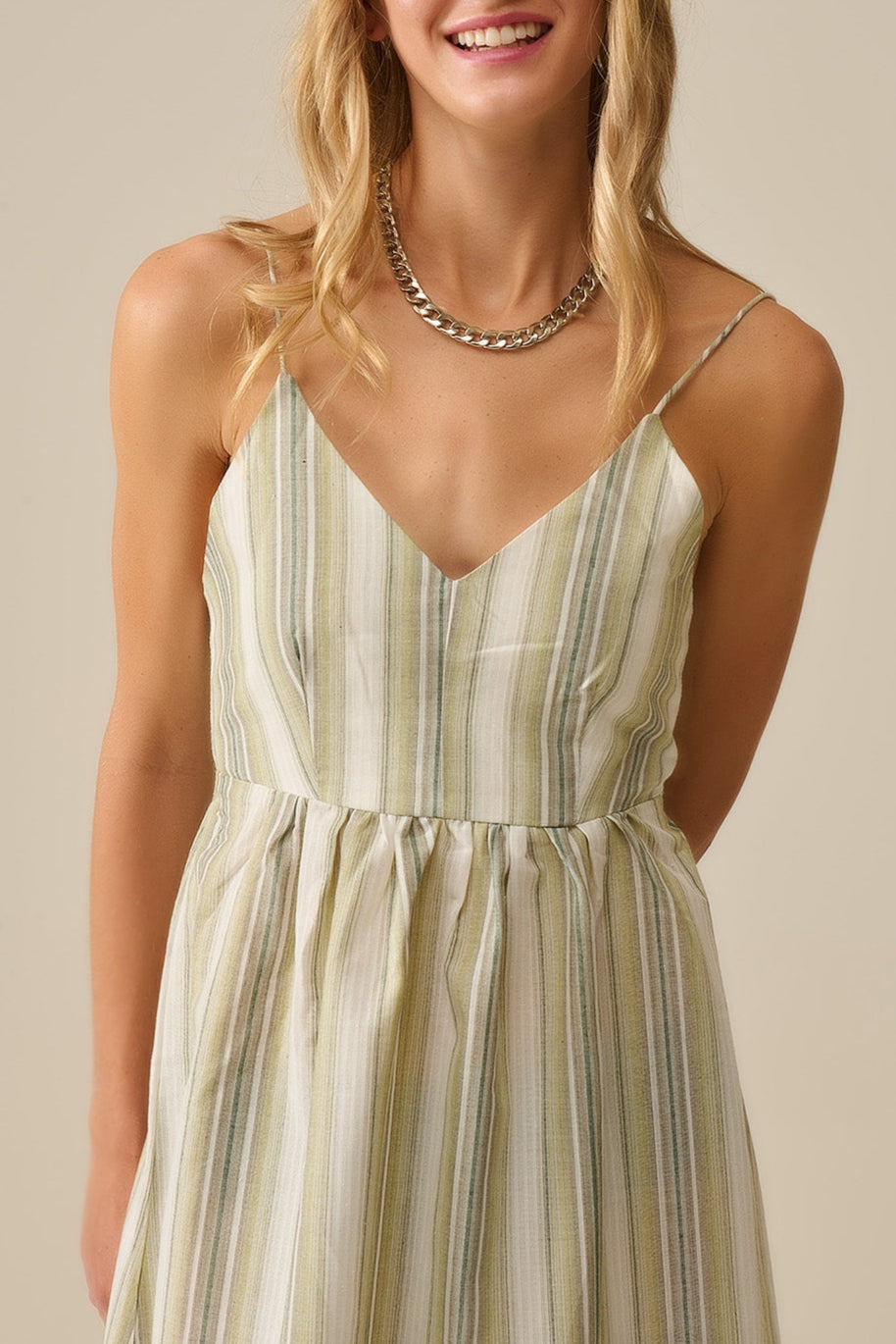 Gestreepte maxi jurk met spaghetti bandjes katoen - licht groen en blauw
