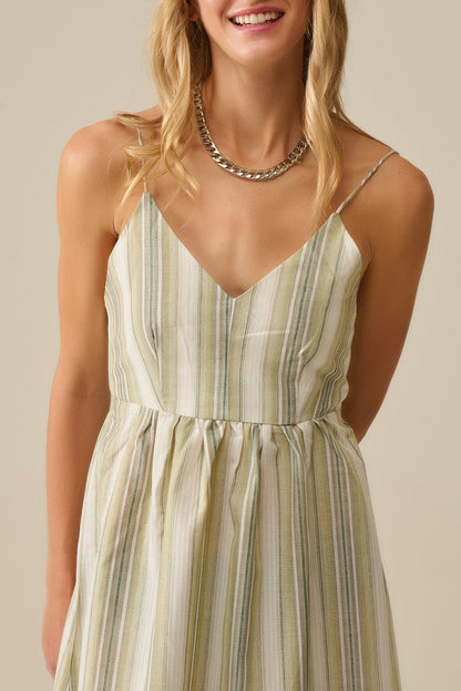 Gestreepte maxi jurk met spaghetti bandjes katoen - licht groen en blauw