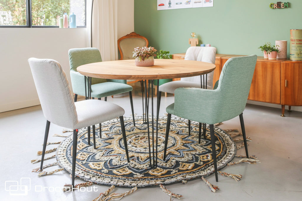 Handgemaakte ronde eettafel Forcina van massief eiken hout en metaal 130 cm - bruin en zwart