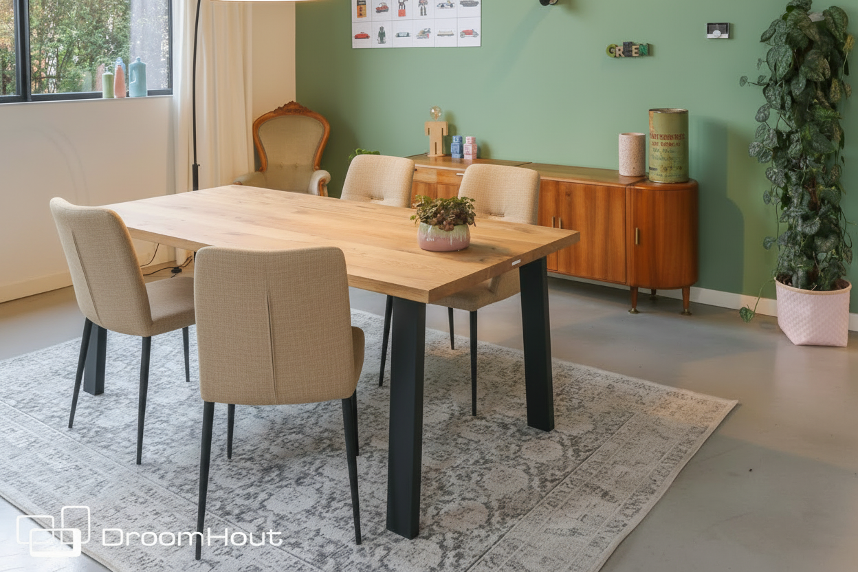 Eettafel DREAUM rechthoekig van massief hout en staal - bruin en zwart