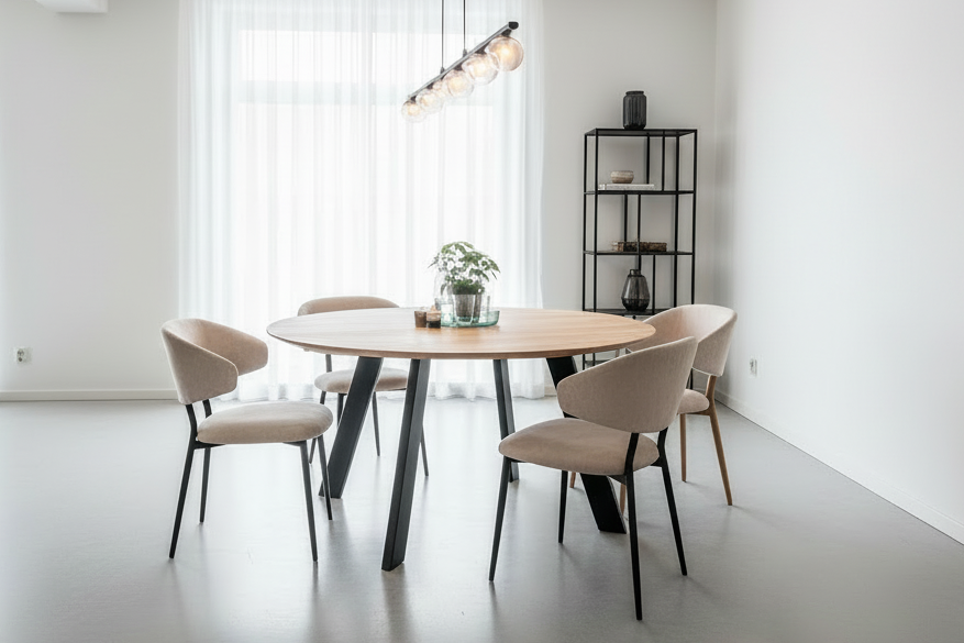Ronde eettafel op maat van massief hout en staal - bruin en zwart