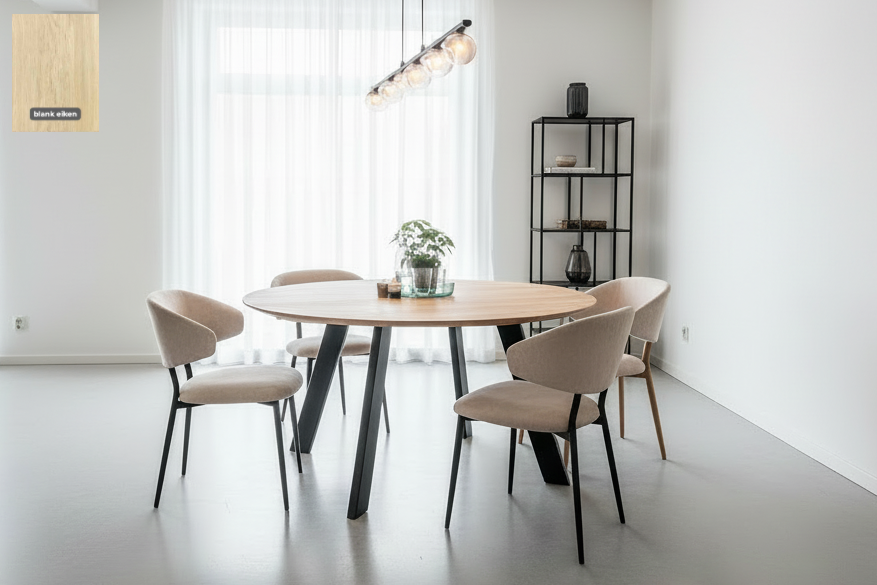 Design ronde eettafel op maat van massief hout en staal - bruin en zwart