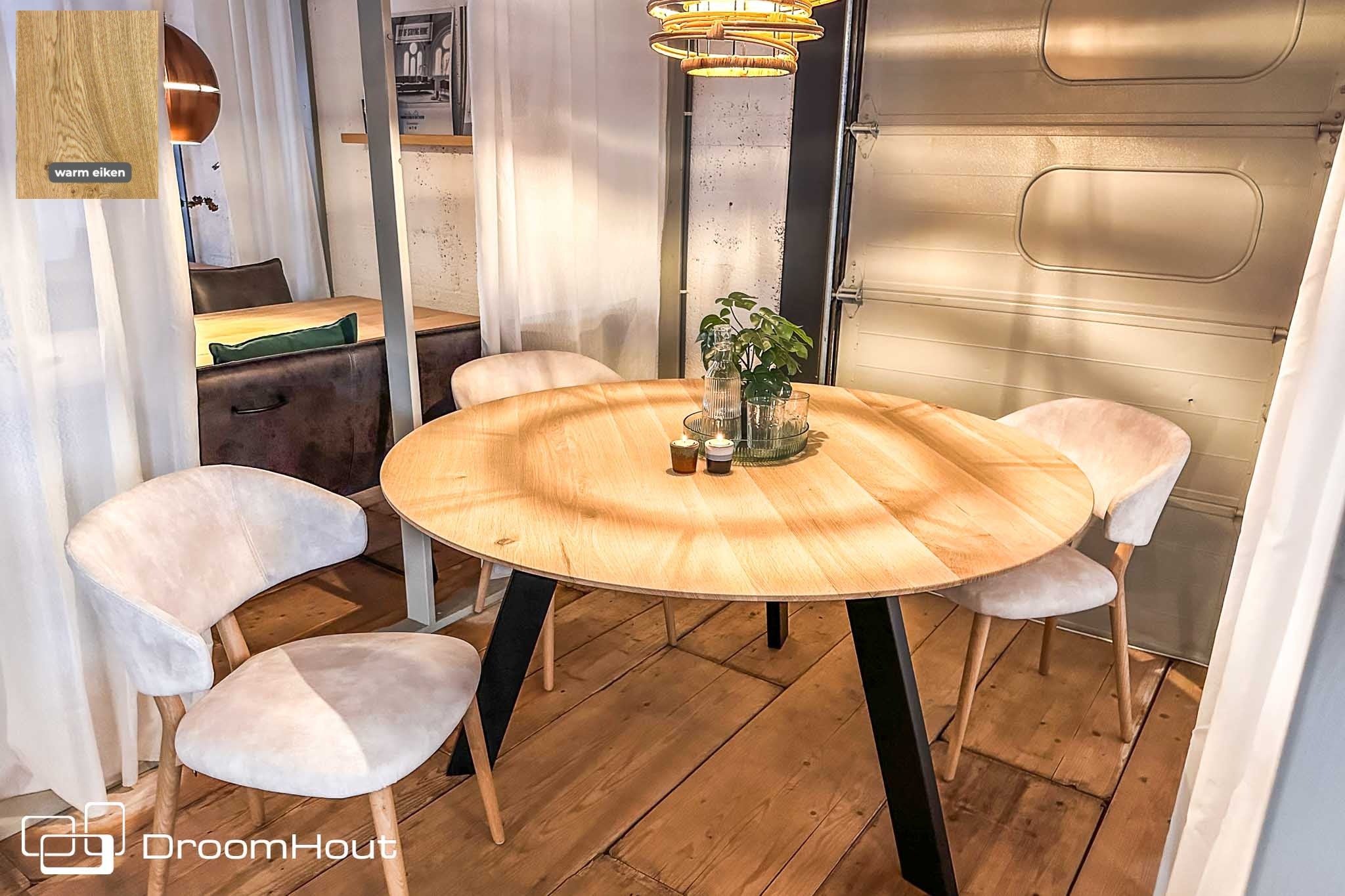 Design ronde eettafel op maat van massief hout en staal - bruin en zwart