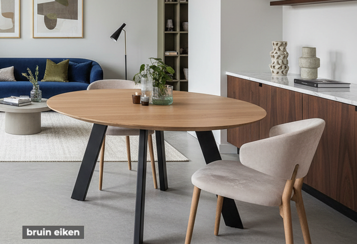 Design ronde eettafel op maat van massief hout en staal - bruin en zwart