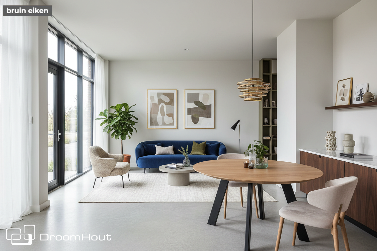 Design ronde eettafel op maat van massief hout en staal - bruin en zwart