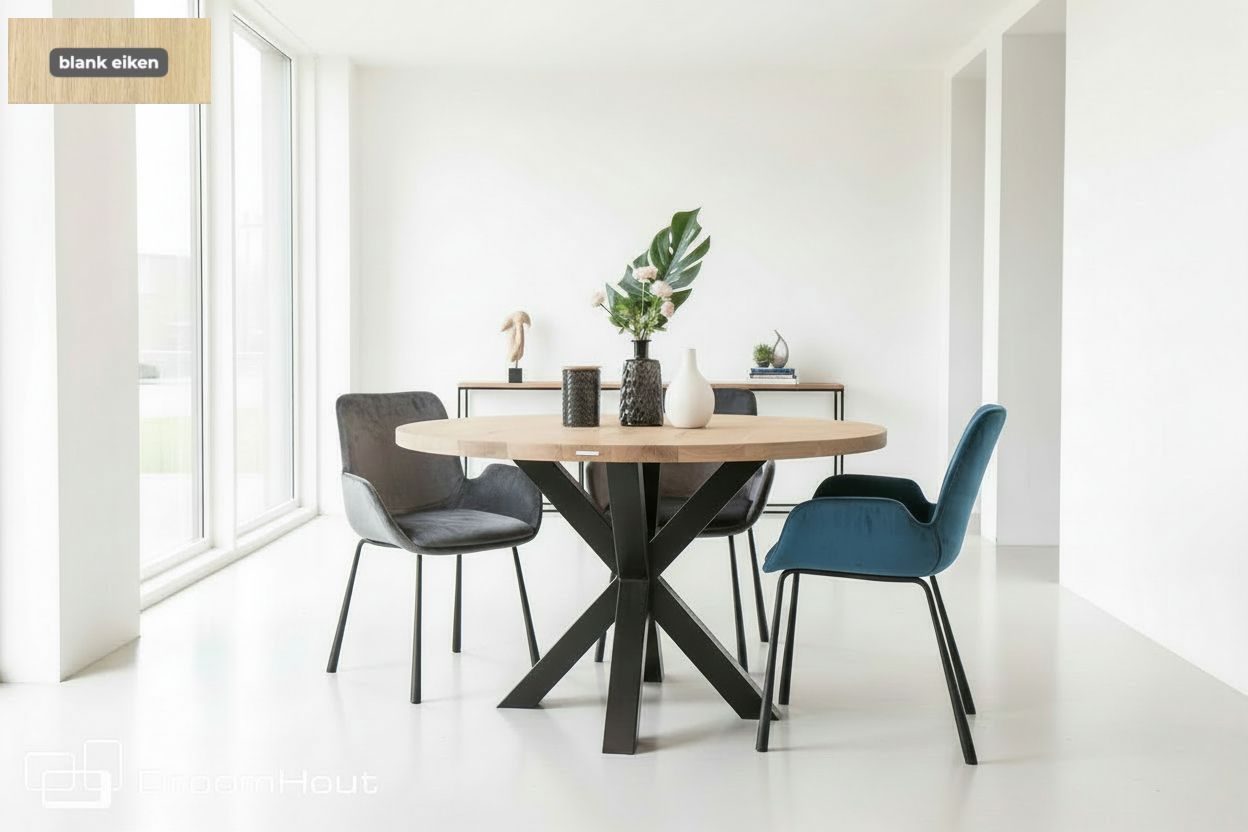 Ronde eettafel DREAUM van massief eiken hout en staal - bruin en zwart